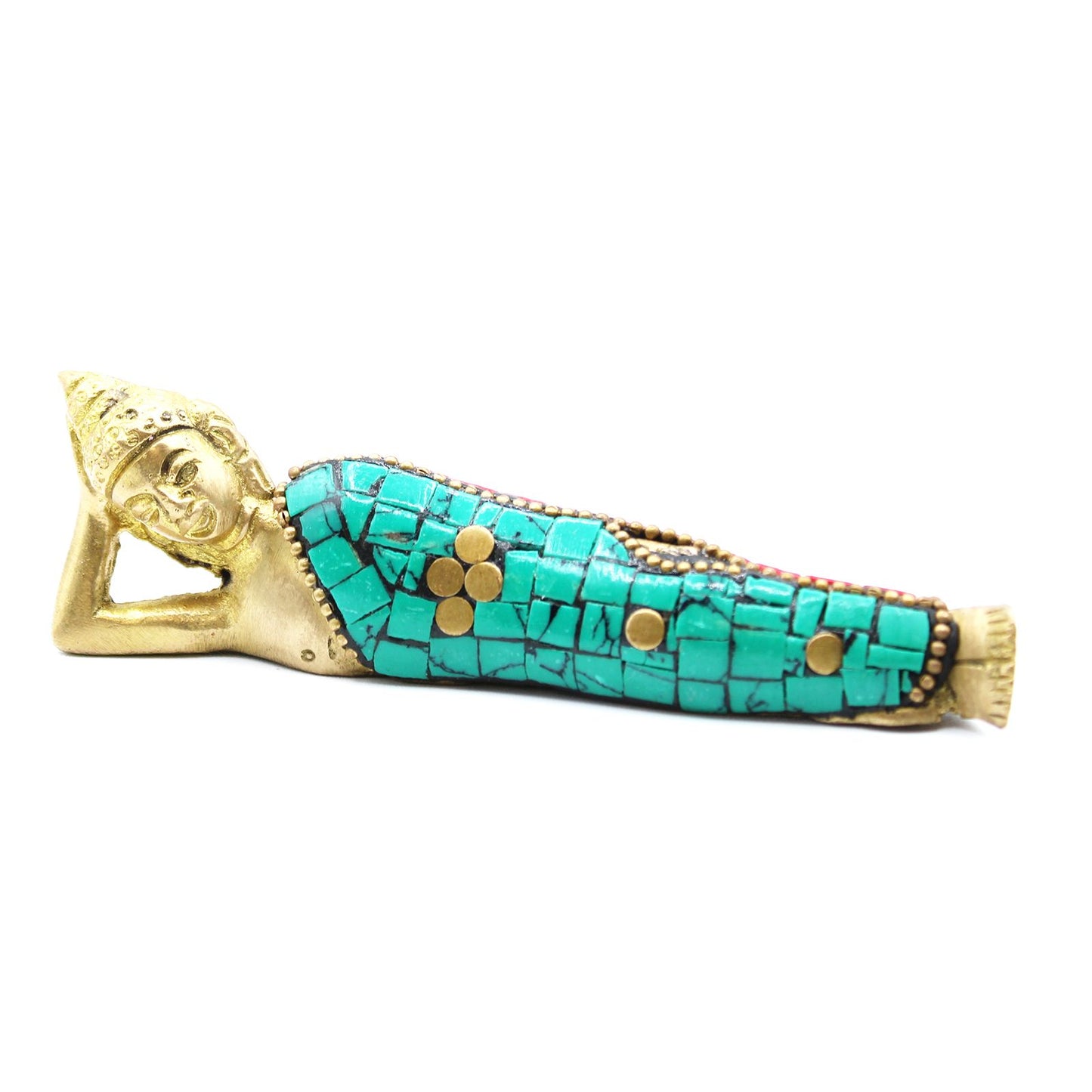 Handgefertigte Buddha-Figur aus Messing in liegender Haltung, 10 cm, mit Türkis und Howlit