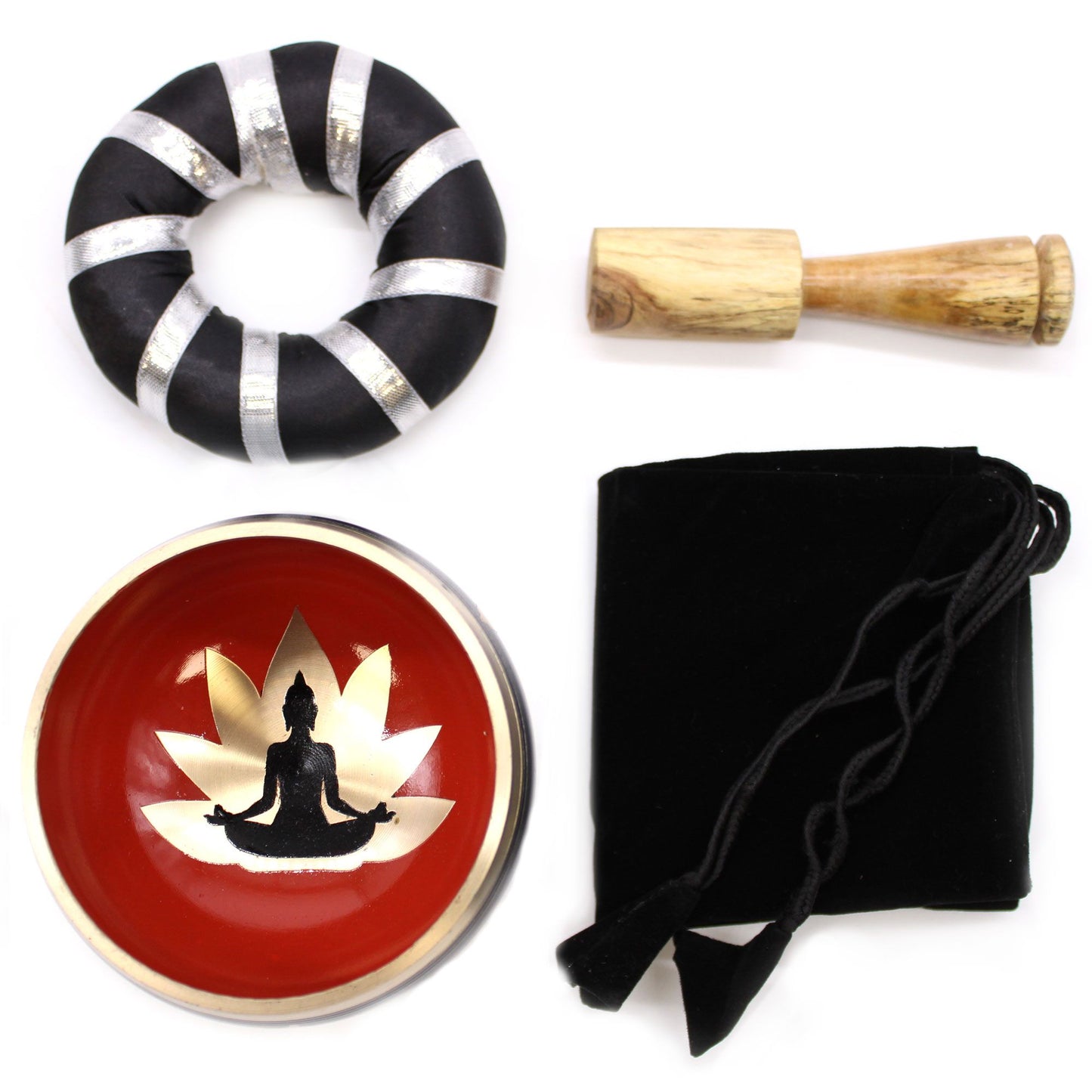 Klangschalen-Set Buddha in Schwarz mit Orange - 10,7 cm, inklusive Holzschlägel