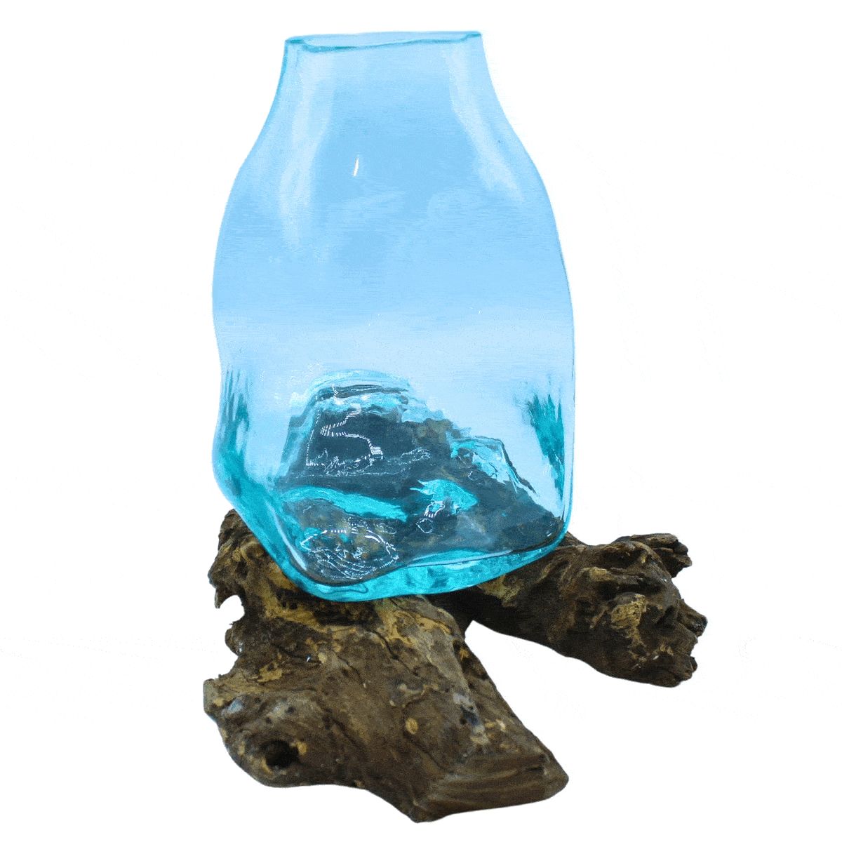 Große Terrarium-Vase aus Schmelzglas auf Holz - Ein Unikat aus Bali (23,5x17x16cm)