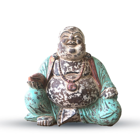 Happy Buddha Statue aus Suar-Holz - 40 cm in Vintage Mint - Handgeschnitzt in Bali