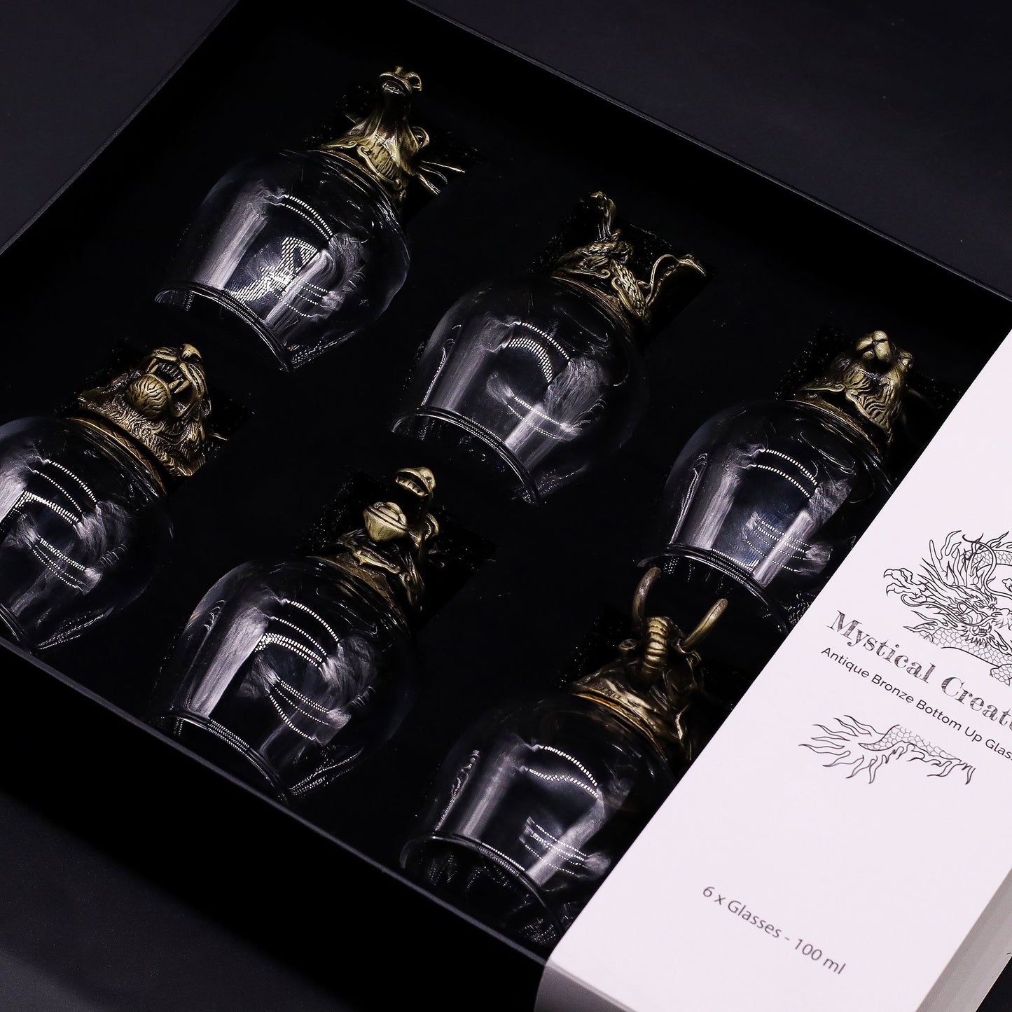 Set aus 6 Mystische-Kreaturen-Gläsern mit Antik-Bronze-Basis