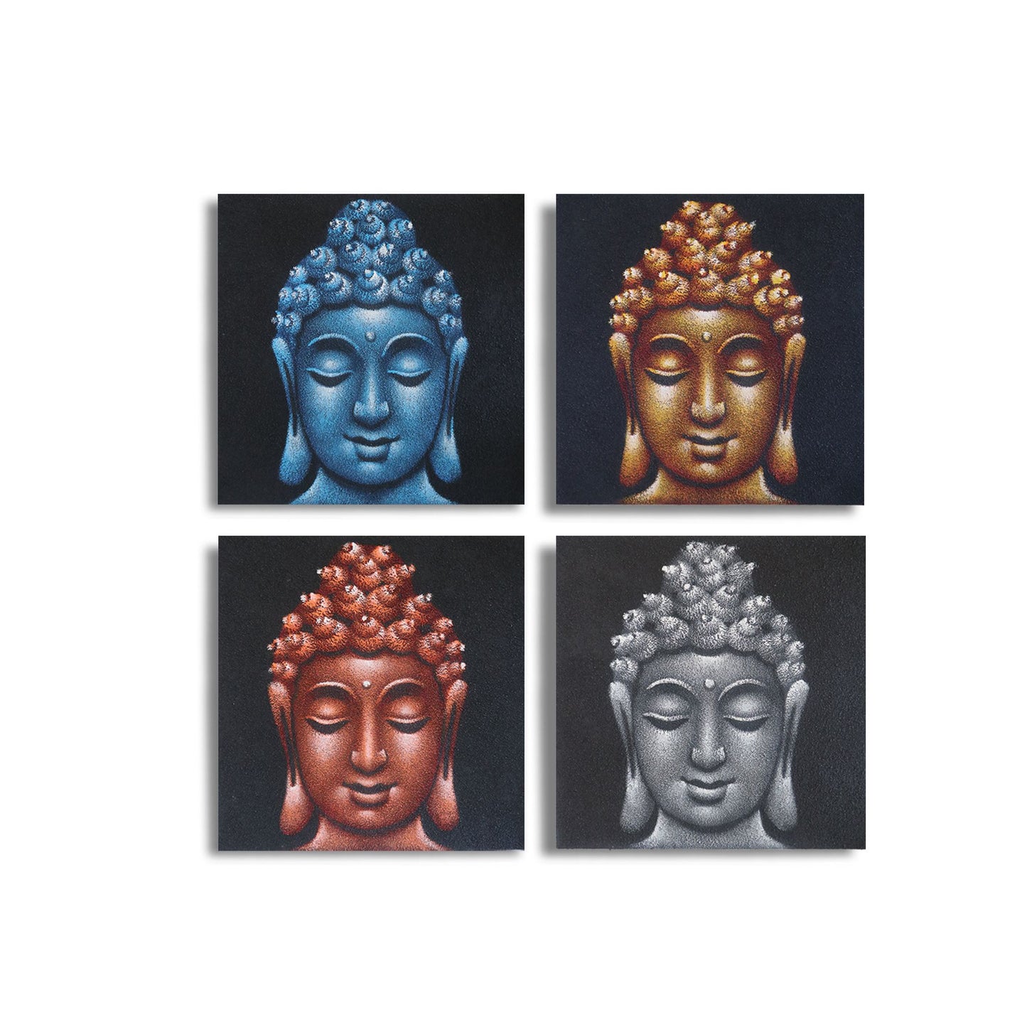 Set mit 4 handgemalten Buddha-Kopf Leinwandbildern in Sandoptik, 30x30 cm