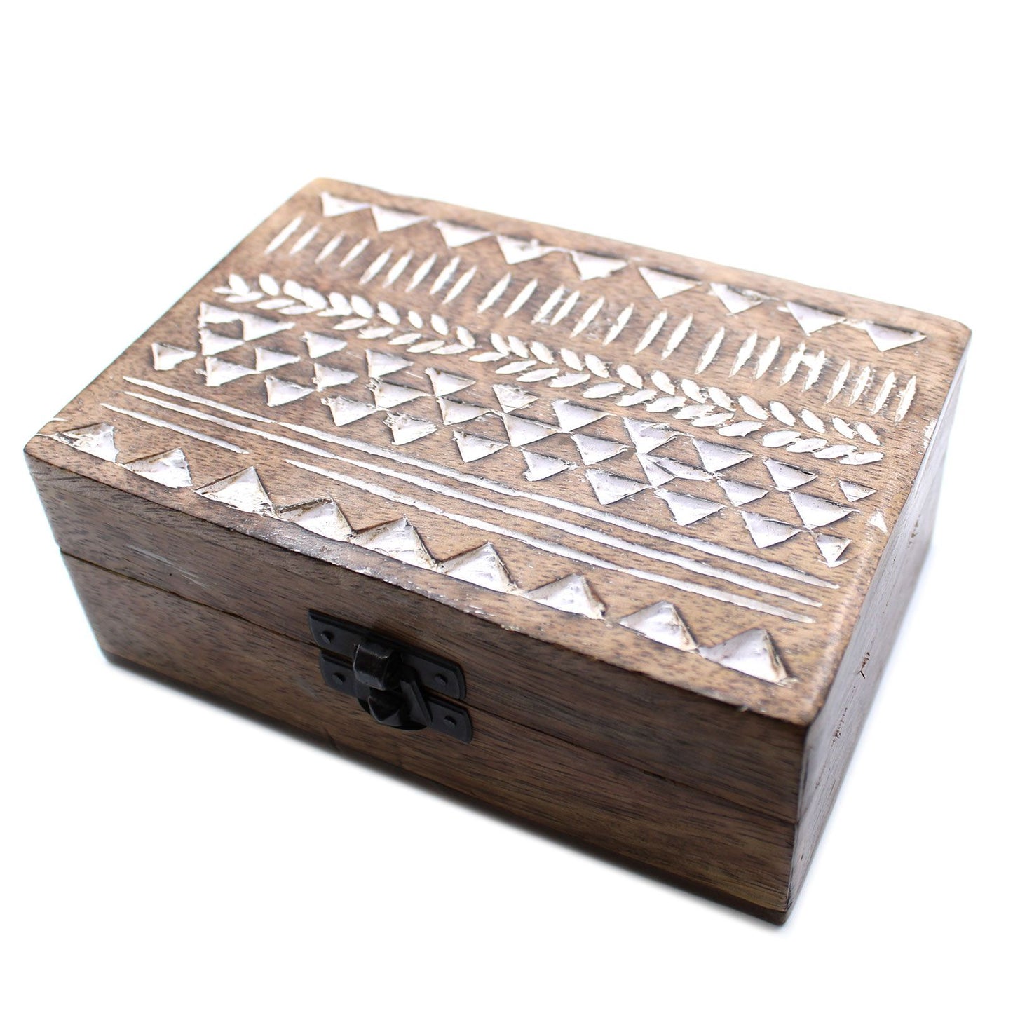 Handgeschnitzte Mangoholz-Box im Azteken-Design, weiß gewaschen (15x10x6 cm)