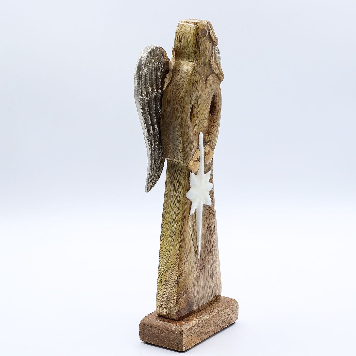 Friedensengel aus Mango-Holz mit Metallflügeln und Emaille-Stern