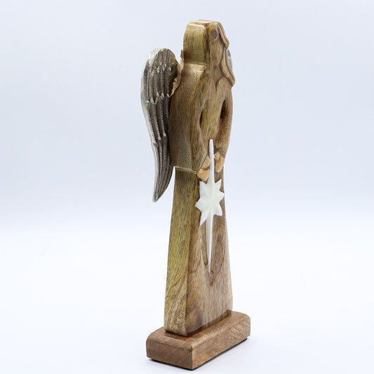 Friedensengel aus Mango-Holz mit Metallflügeln und Emaille-Stern