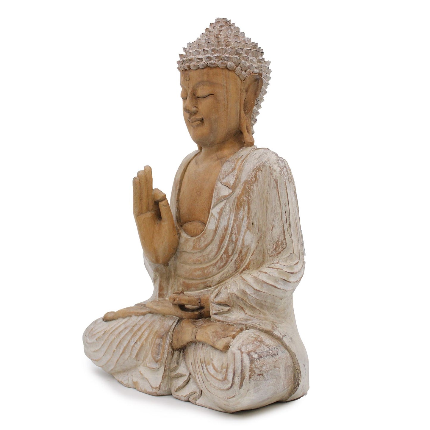 Handgeschnitzte Buddha Statue aus Suarholz - Weiß gebleicht, 40 cm