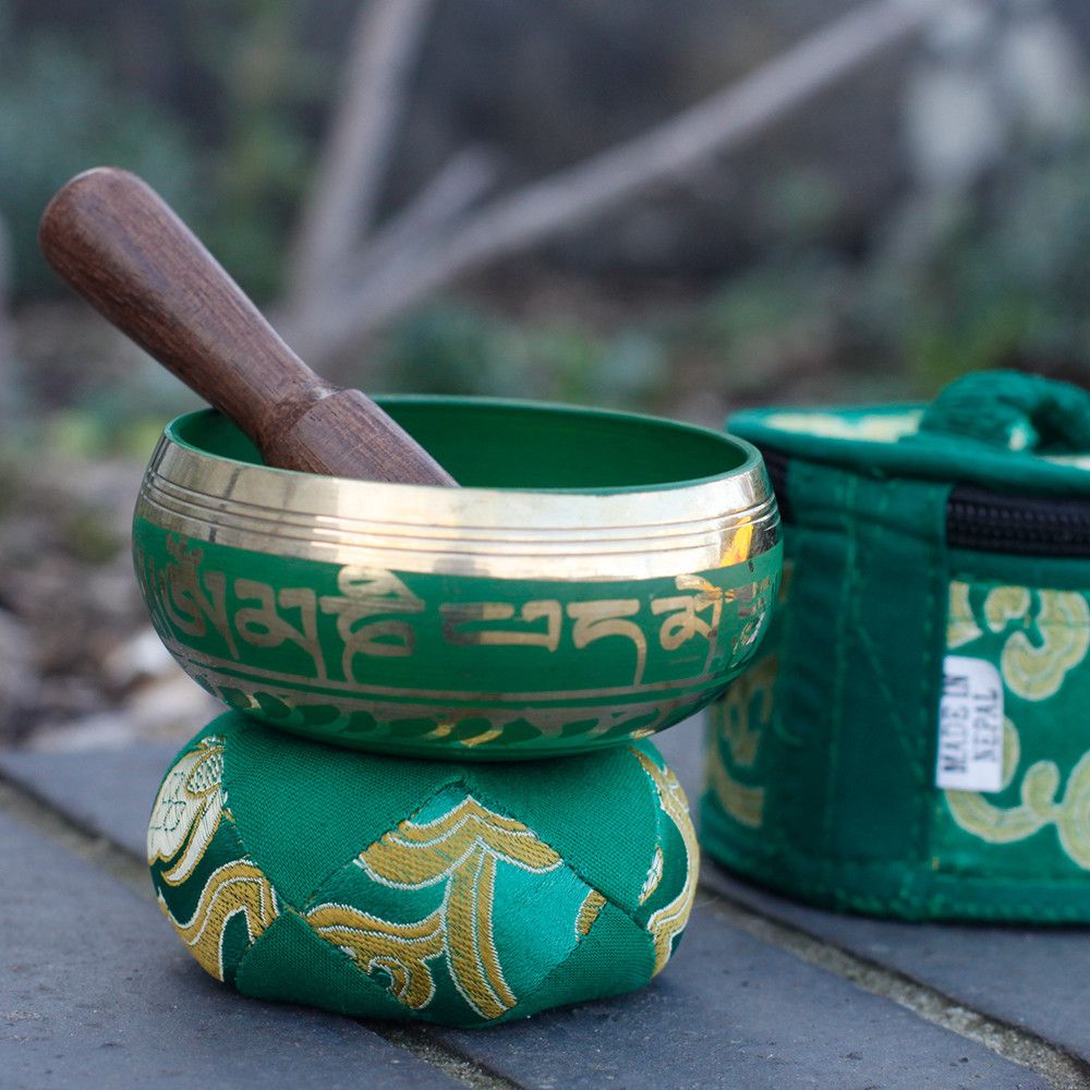 Mini Klangschalen-Set in Grün – Handgefertigt in Nepal mit Samtbeutel