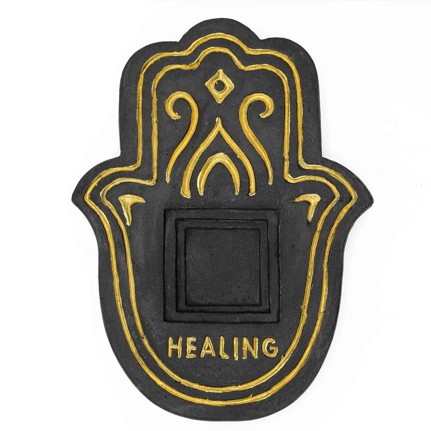 Räucherplatte 'Healing' in Schwarz-Gold mit Lavastein-Optik