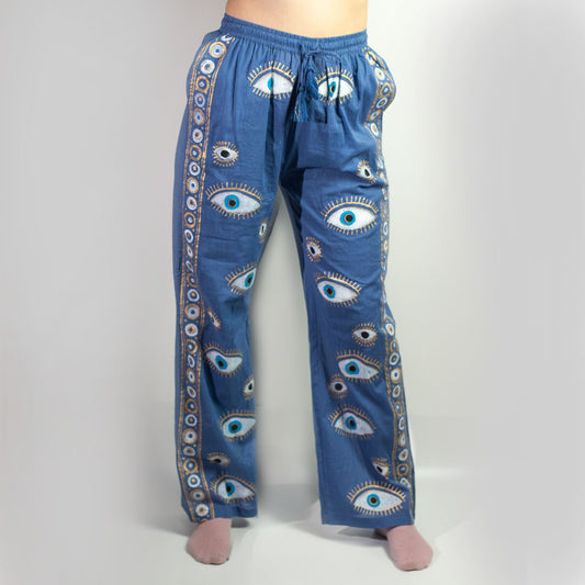 Loungehose mit Schutzauge-Motiv – Handbemalt in Tiefblau und Gold