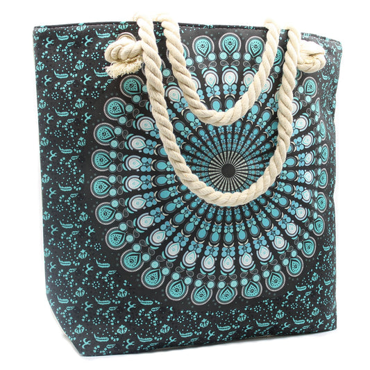Strandtasche Mandala Tiefblau mit Seilgriffen und Schultergurten