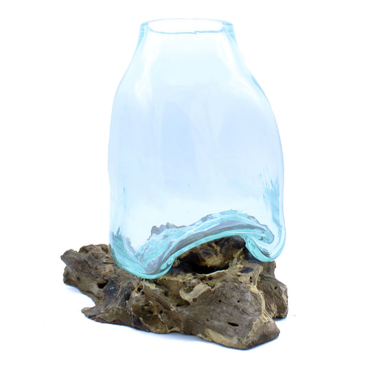 Große Terrarium-Vase aus Schmelzglas auf Holz - Ein Unikat aus Bali (23,5x17x16cm)