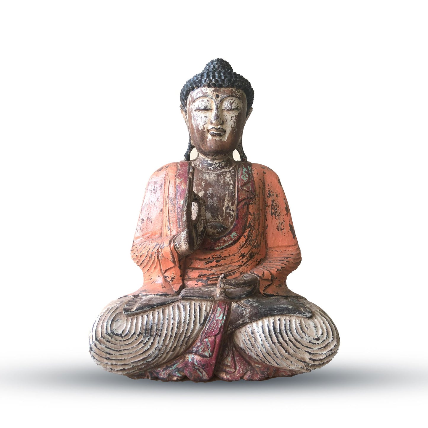 Lehrender Buddha aus Suar-Holz - 60cm Handgeschnitzte Statue in Antik-Orange