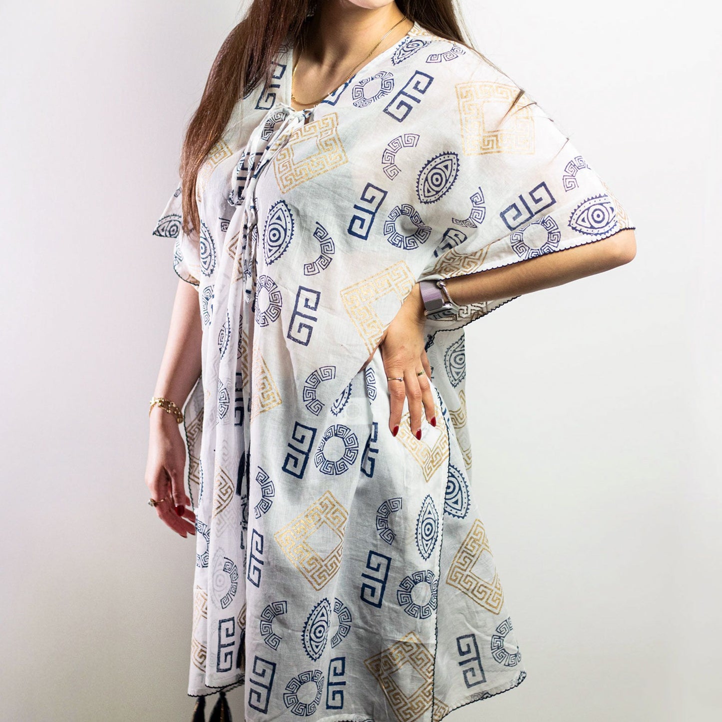 Handbemalter Kaftan mit griechischem Muster in Gold & Blau – Ein Unikat aus reiner Baumwolle