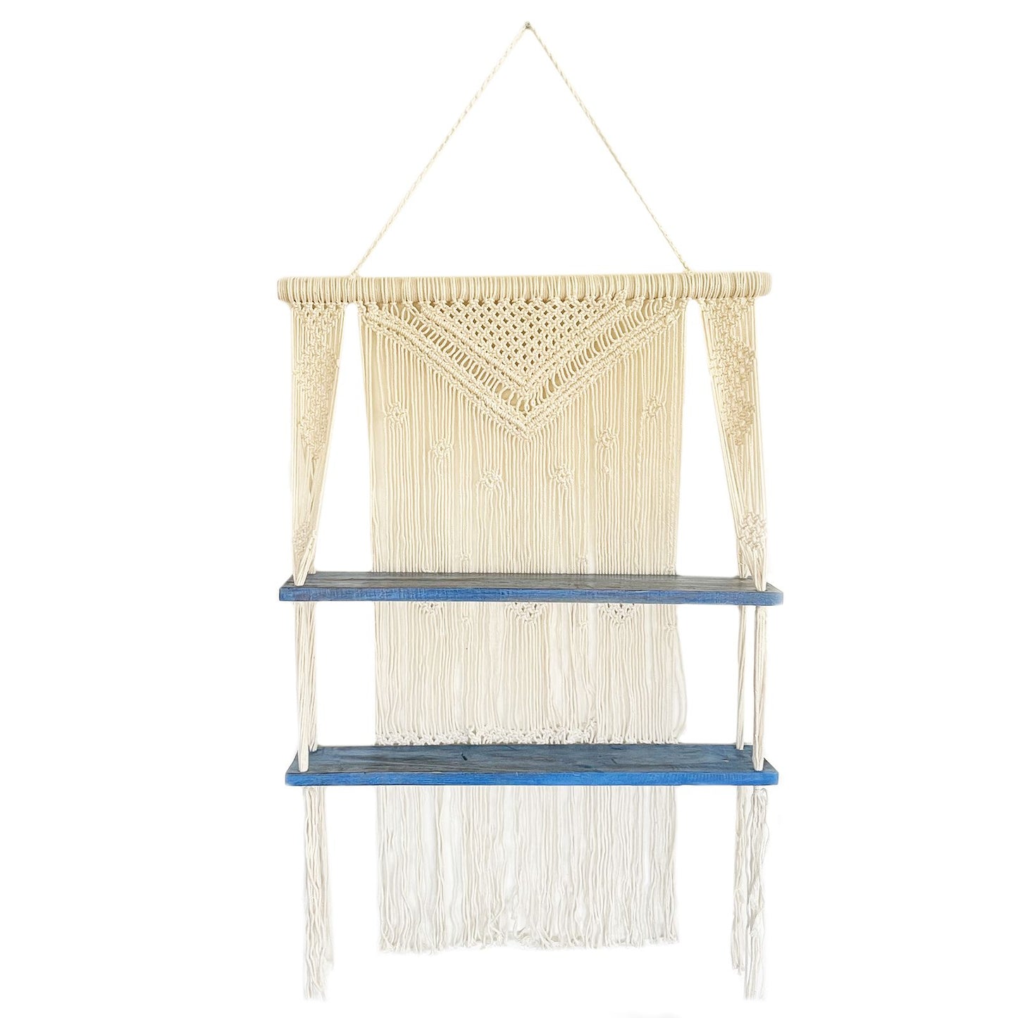 Makramee-Hängeregal in Blau – Handgewebtes Regal aus Albesia-Holz