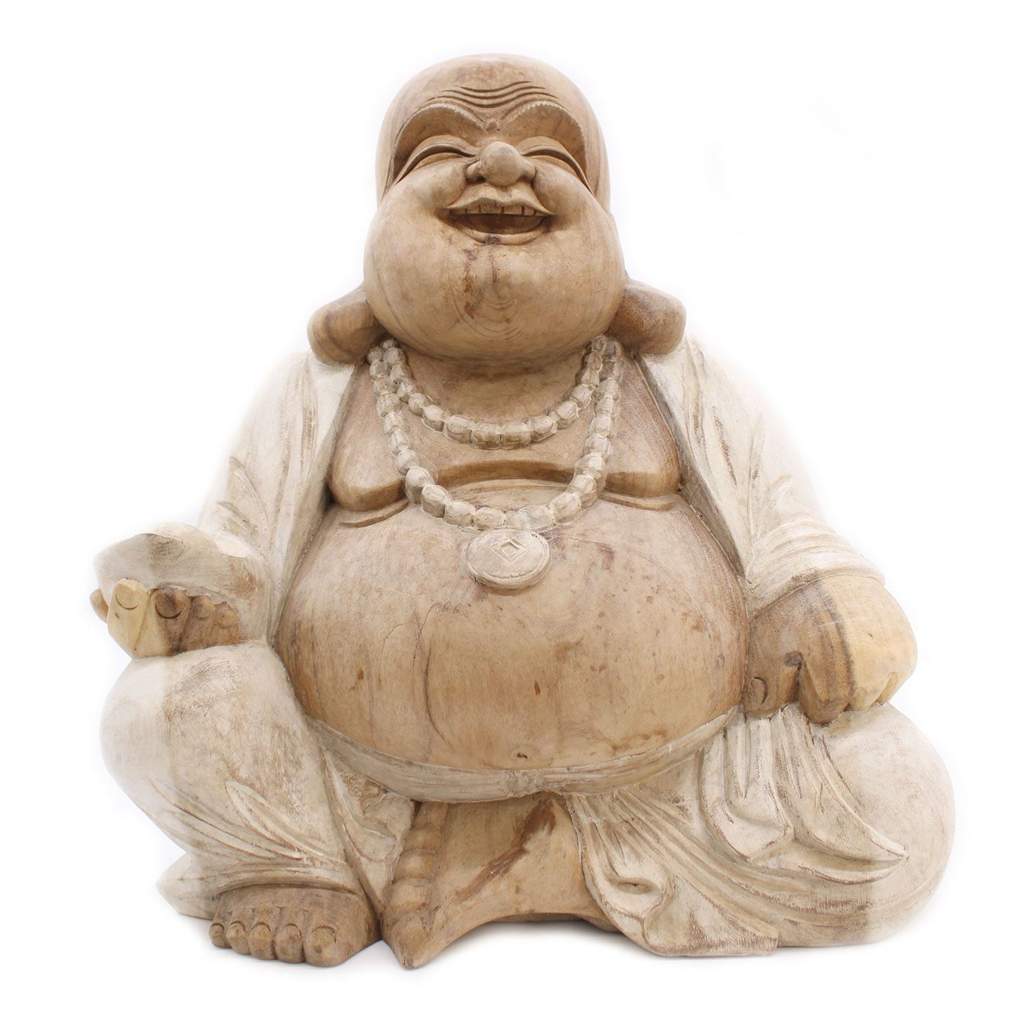 Handgeschnitzte Buddha Statue 'Glücksbringer' - 50 cm aus Suar-Holz mit Whitewash-Optik