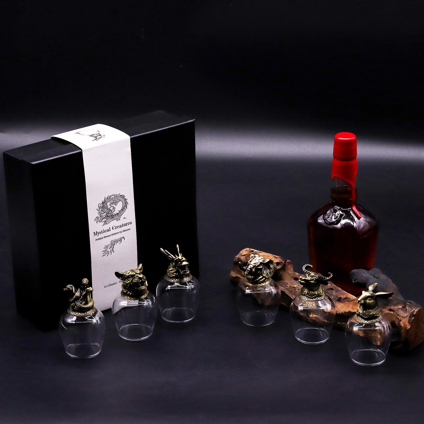 Set aus 6 Mystische-Kreaturen-Gläsern mit Antik-Bronze-Basis