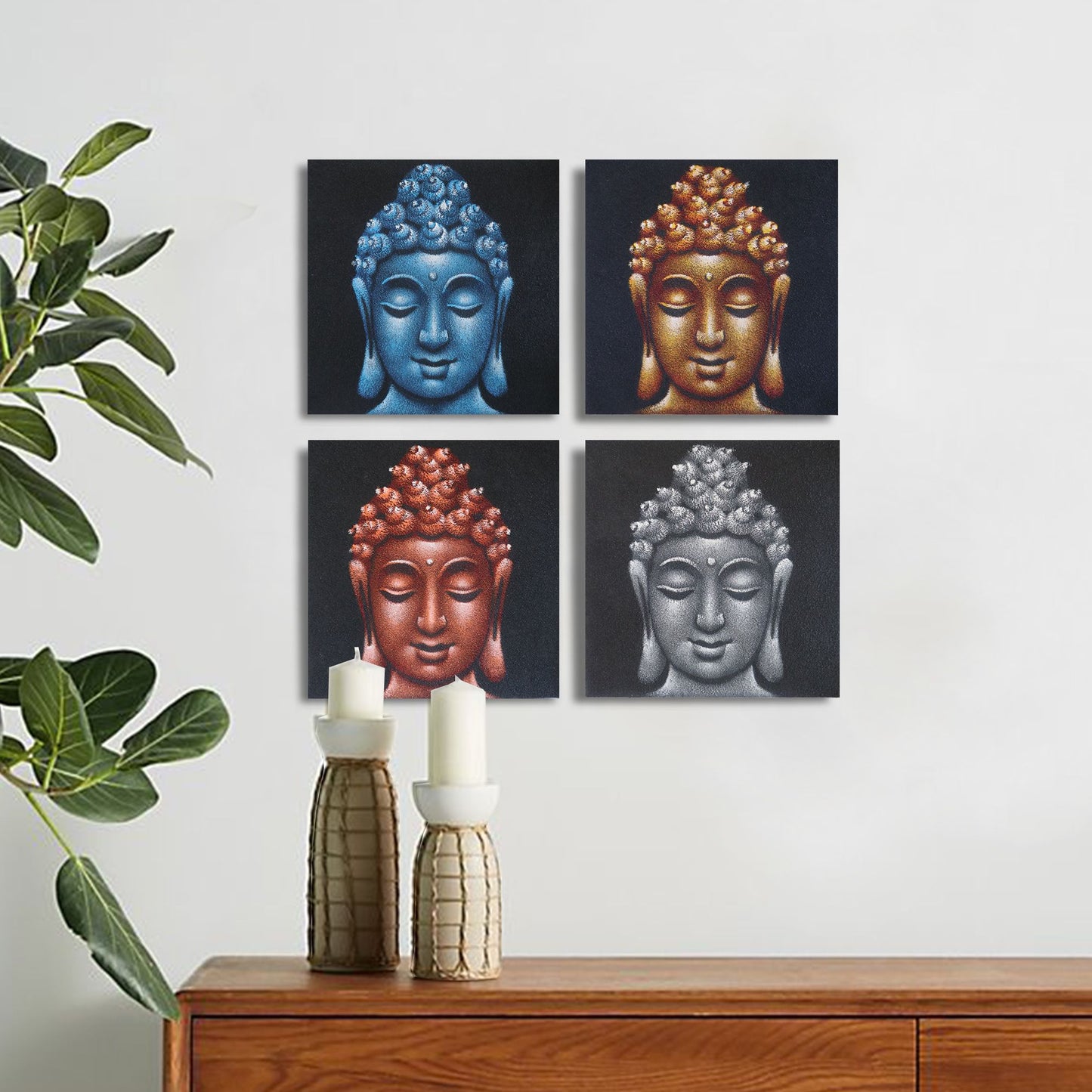 Set mit 4 handgemalten Buddha-Kopf Leinwandbildern in Sandoptik, 30x30 cm