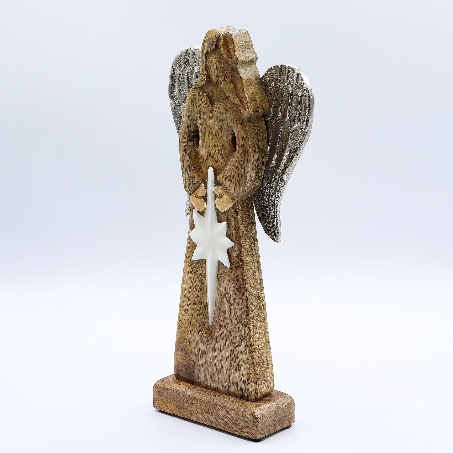 Friedensengel aus Mango-Holz mit Metallflügeln und Emaille-Stern