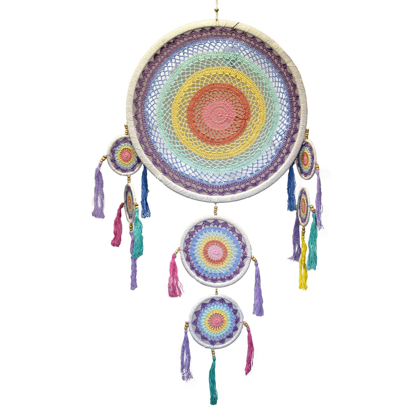 Großer Traumfänger in Pastellregenbogen – Handgefertigter Wandschmuck aus Bali (ca. 115 cm)