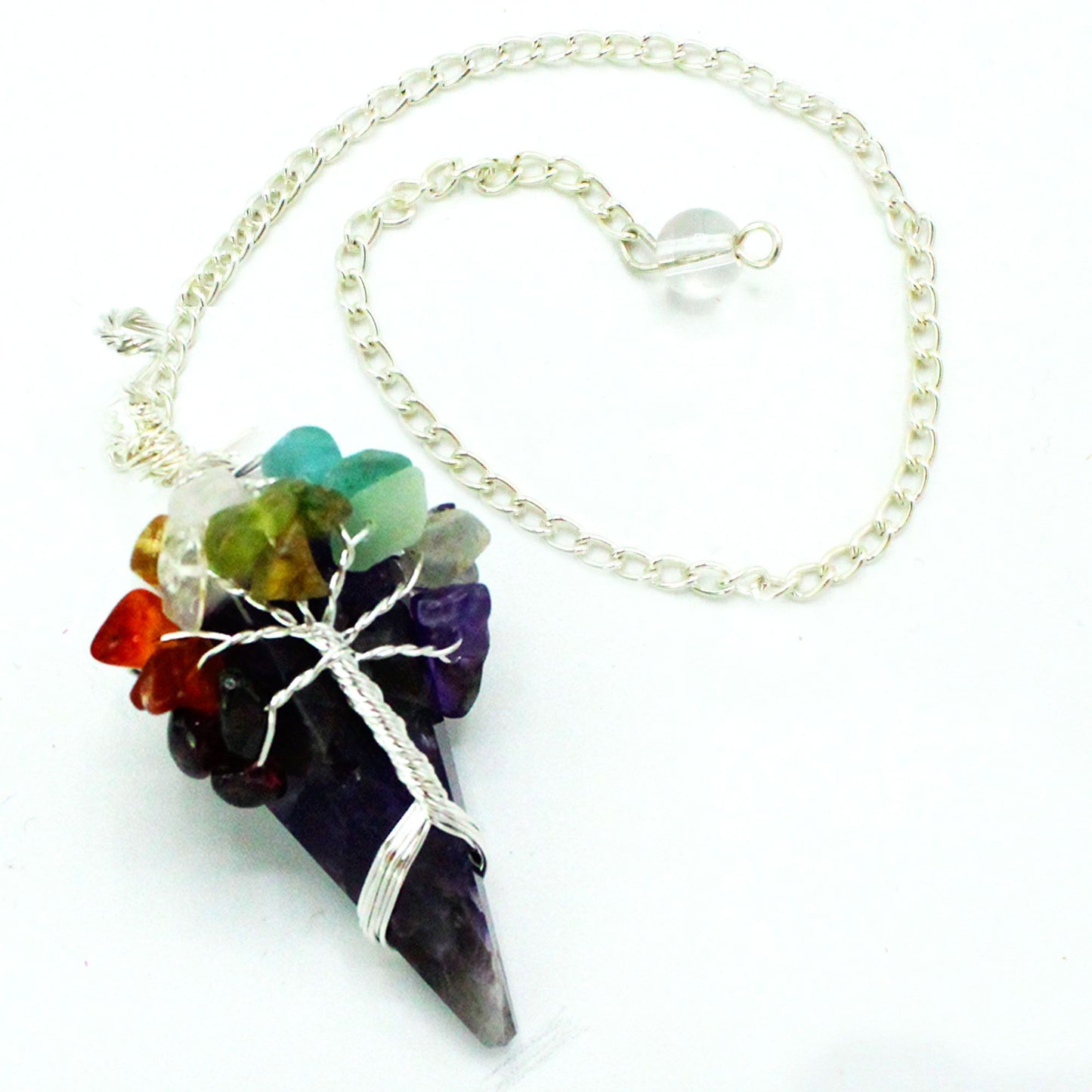 Amethyst Pendel Sieben-Chakra – Handgefertigtes Edelsteinpendel mit Metallkette