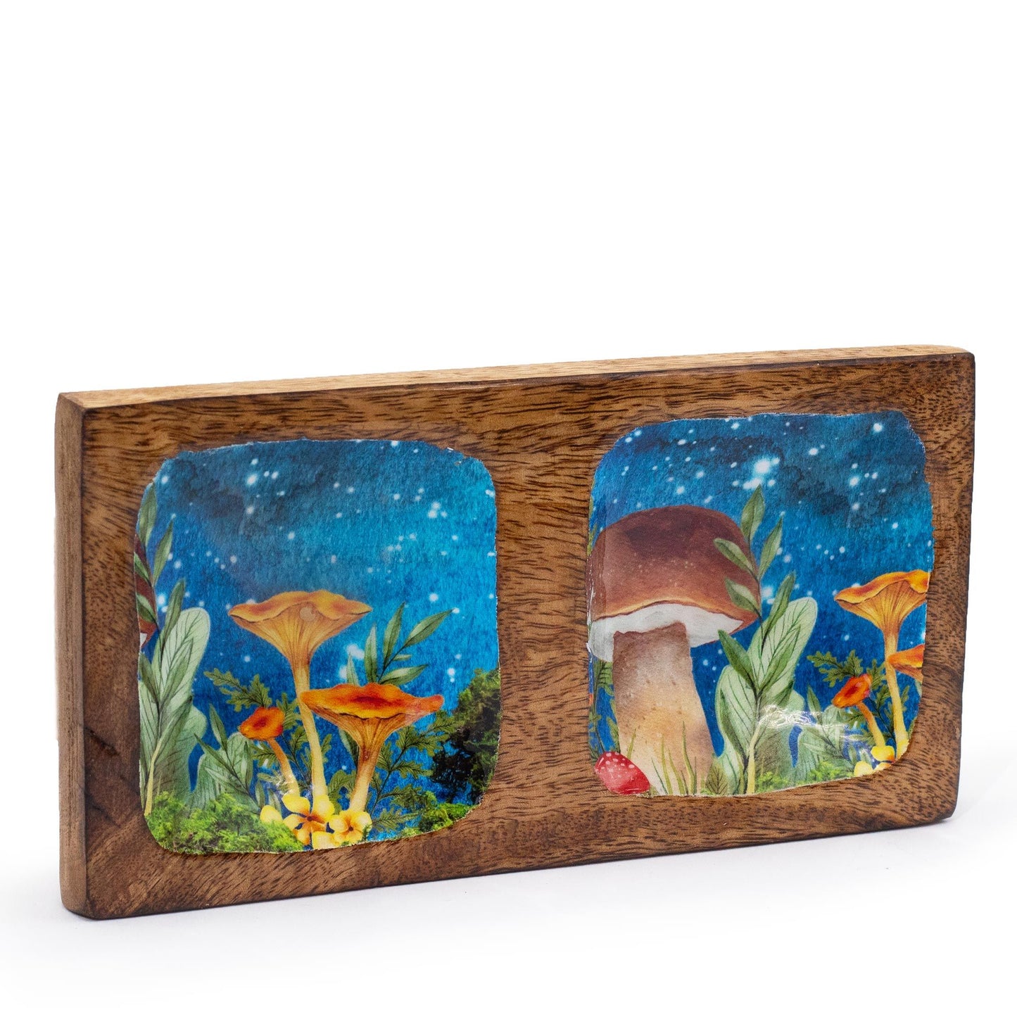 Doppel-Tablett mit Pilzmotiv in Petrol – Handgefertigt aus Mangoholz, 20x10x2,5 cm