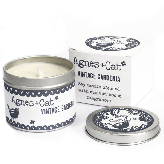 Sojawachs-Duftkerze 'Vintage Gardenia' in Zinndose – Geschenkbox