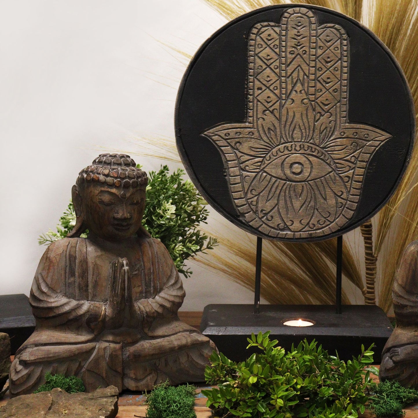 Feng Shui Set Buddha & Hamsa in Grau – Handgeschnitztes Holz-Dekor