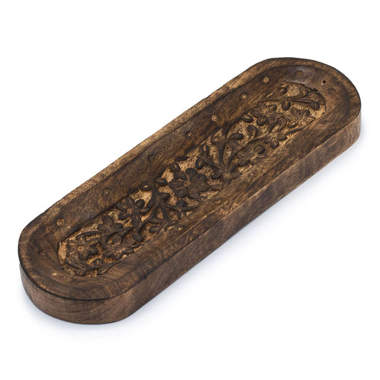 Räucherschale aus Mangoholz mit floralem Muster – 30 x 10 cm