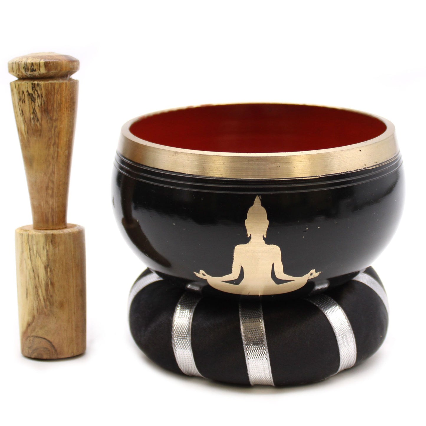 Klangschalen-Set Buddha in Schwarz mit Orange - 10,7 cm, inklusive Holzschlägel