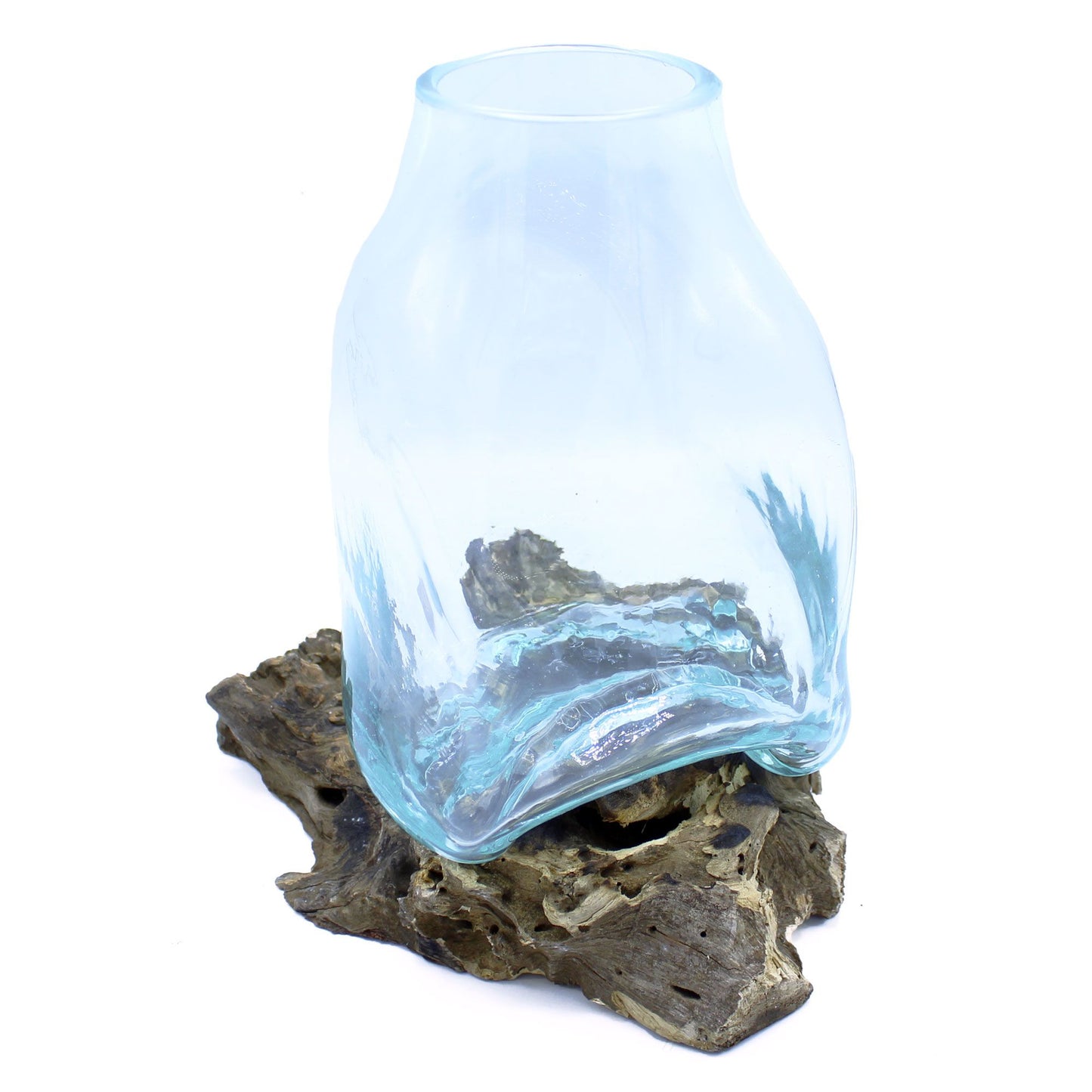 Große Terrarium-Vase aus Schmelzglas auf Holz - Ein Unikat aus Bali (23,5x17x16cm)