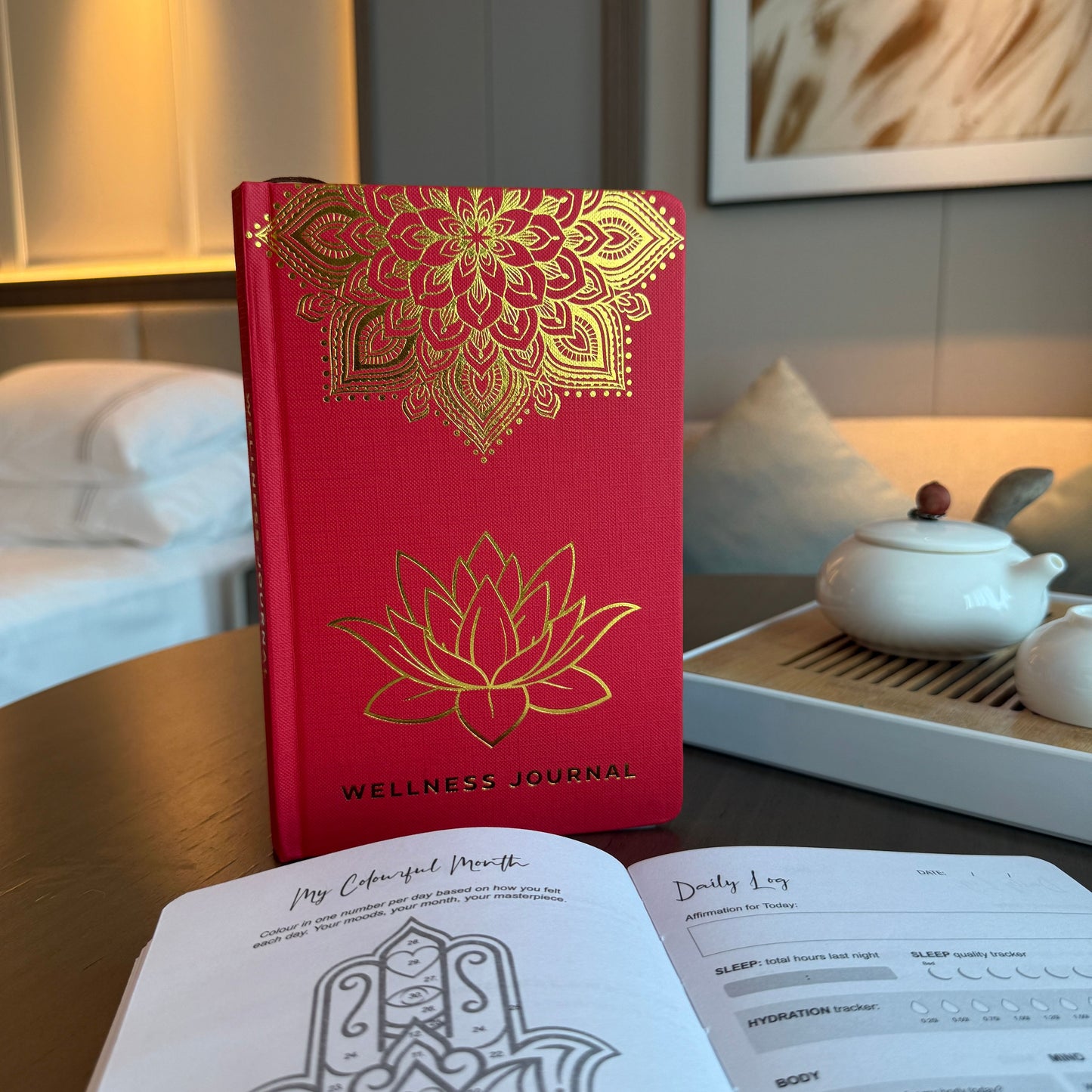 Wellness Journal in Rot mit goldenem Mandala – Geführter Begleiter für Achtsamkeit