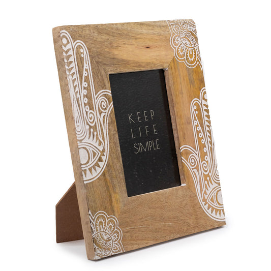 Handgeschnitzter Hamsa Bilderrahmen in Weiß - Mangoholz 26x20 cm
