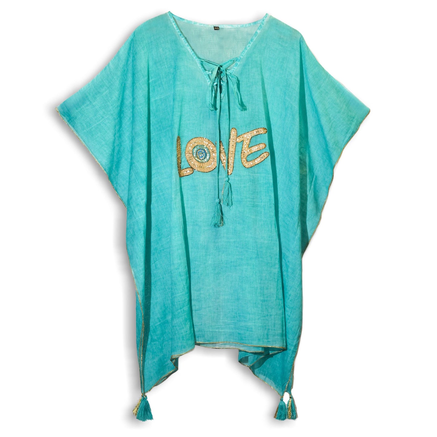 Kaftan 'Mediterrane Liebe' – Handbemalt in Türkis & Gold