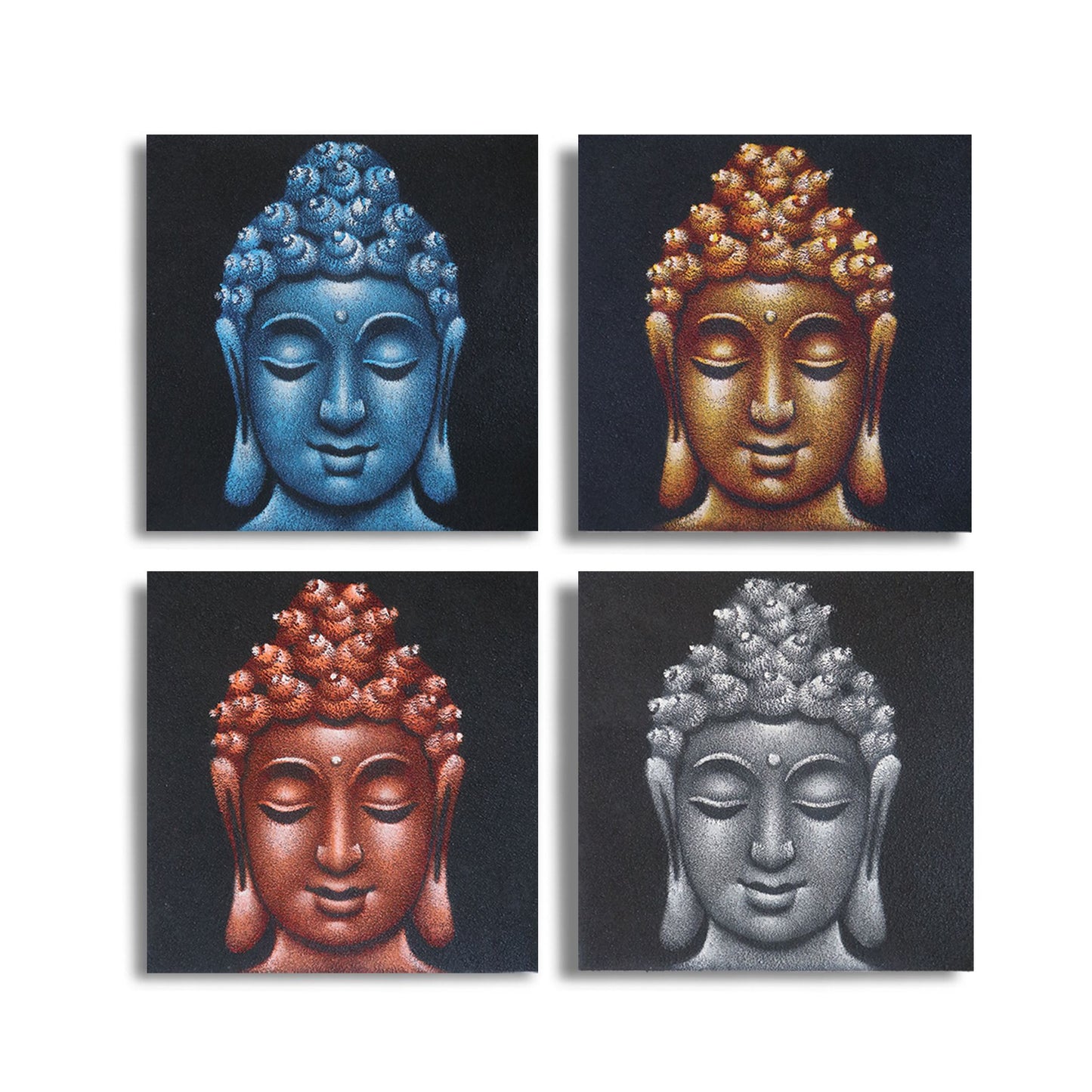 Set aus 4 Buddha-Kopf Wandbildern in Sandoptik - 40x40cm Leinwandgemälde