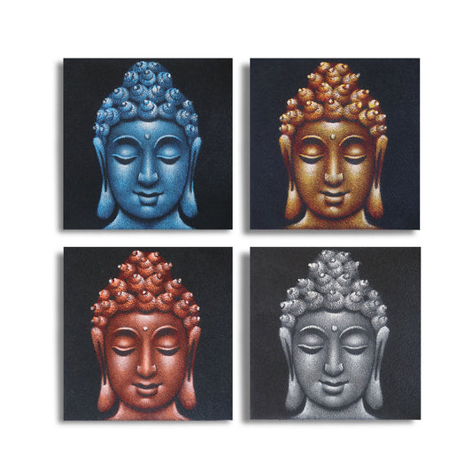 Set aus 4 Buddha-Kopf Wandbildern in Sandoptik - 40x40cm Leinwandgemälde