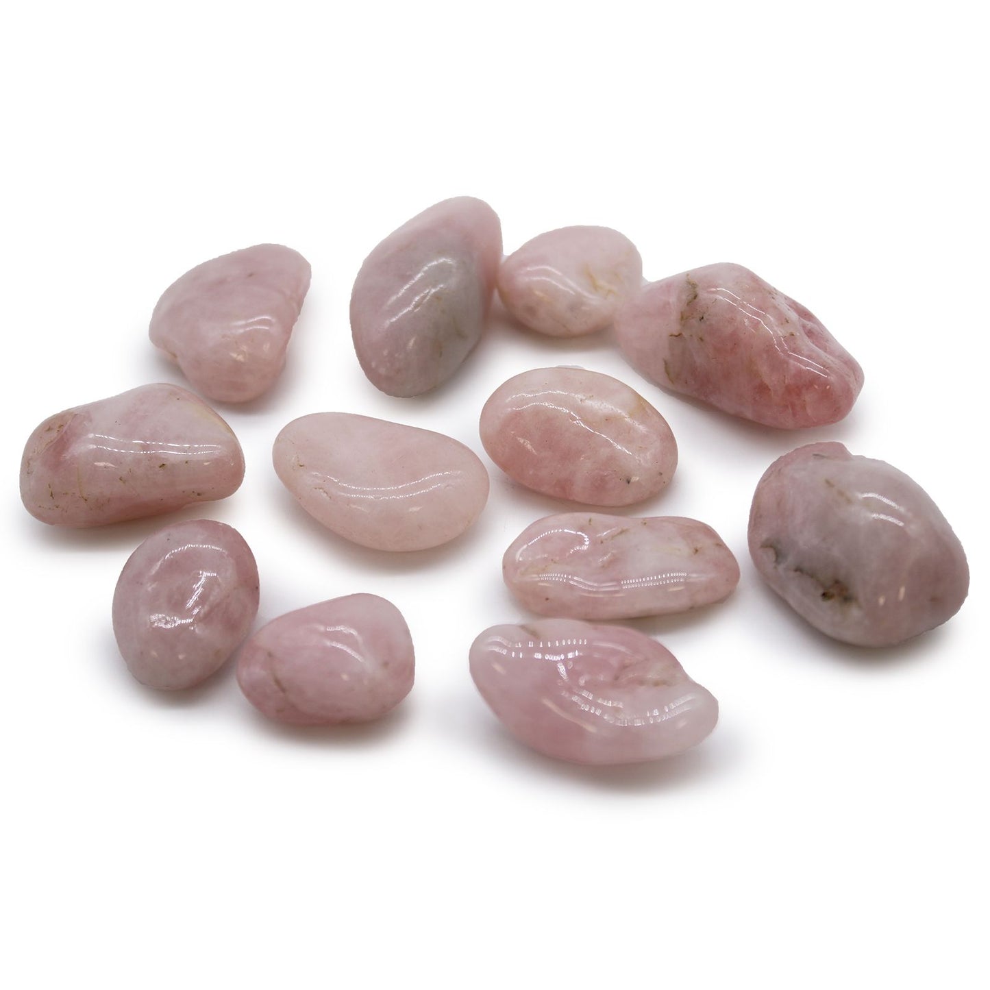 Set mit 12 handverlesenen Rosenquarz-Trommelsteinen aus Afrika