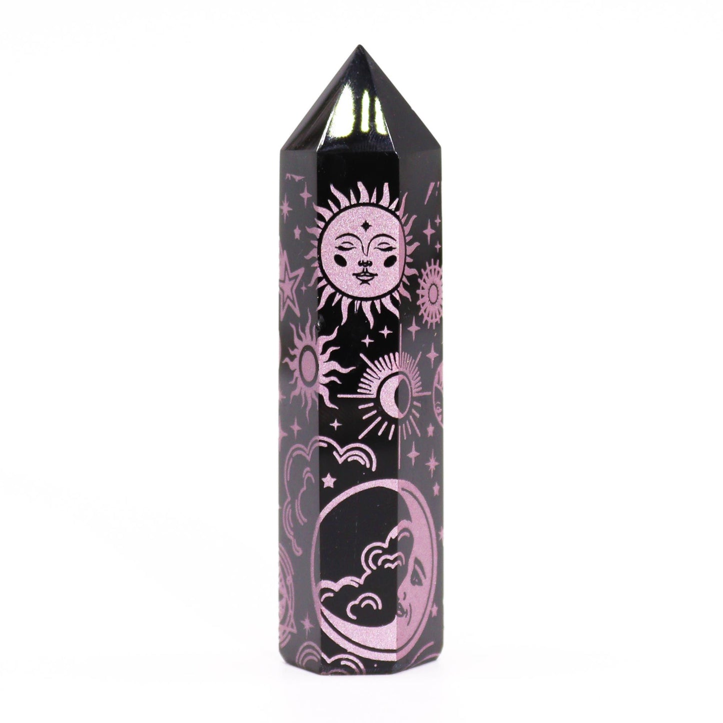 Obsidian Obelisk 'Mystic Story' in Rosa - Gravur mit Himmelssymbolen