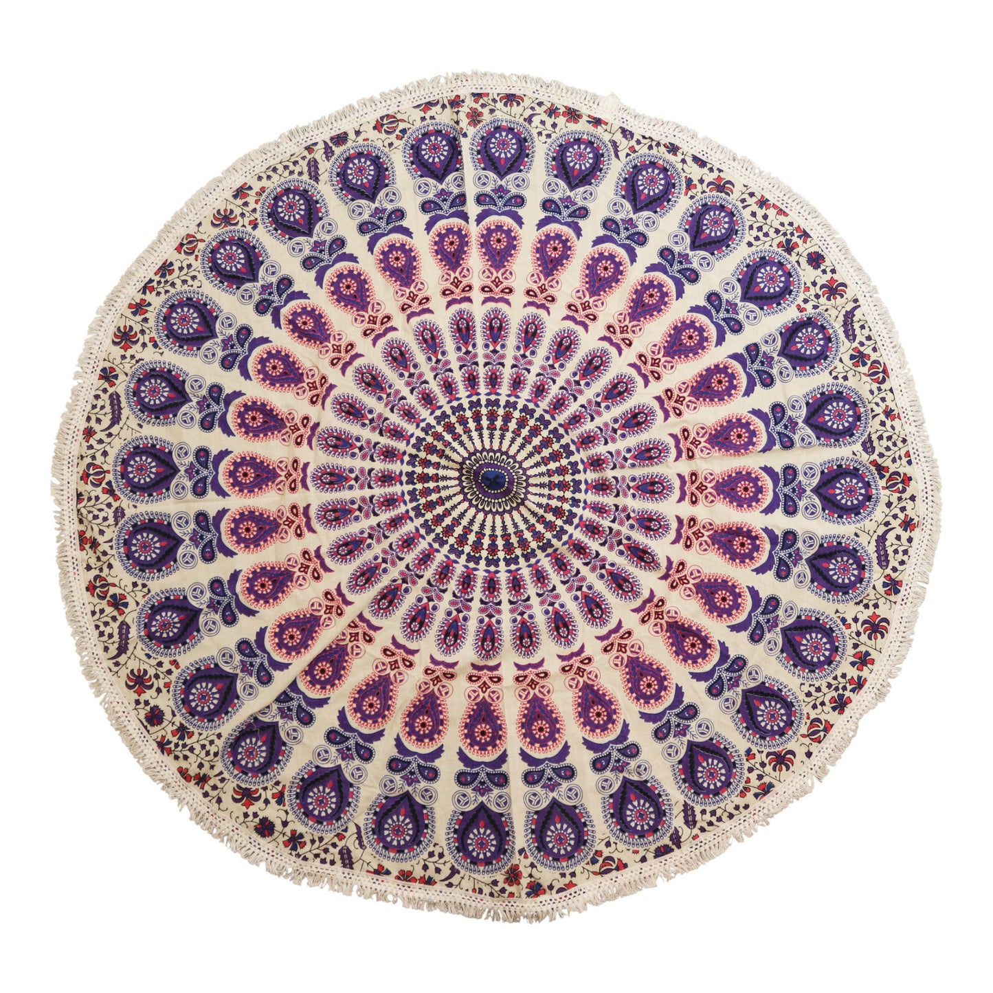 Baumwoll-Mandala 'Pfauenrad' - Rundes Wandbild in Purpur & Rosa (130 cm)