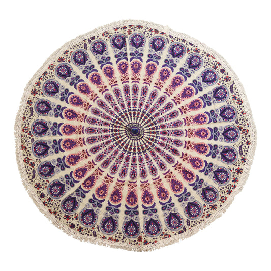 Baumwoll-Mandala 'Pfauenrad' - Rundes Wandbild in Purpur & Rosa (130 cm)