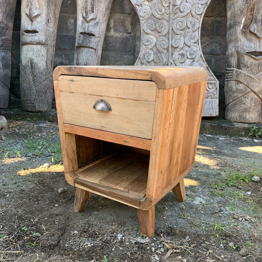 Runder Nachttisch mit Schublade aus recyceltem Teakholz - Handgefertigt auf Bali