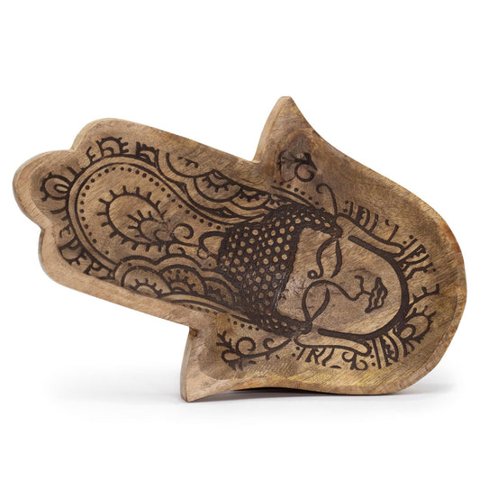 Mangoholz-Tablett mit Hamsa & Buddha Gravur | 30x20,5 cm | Schwarz