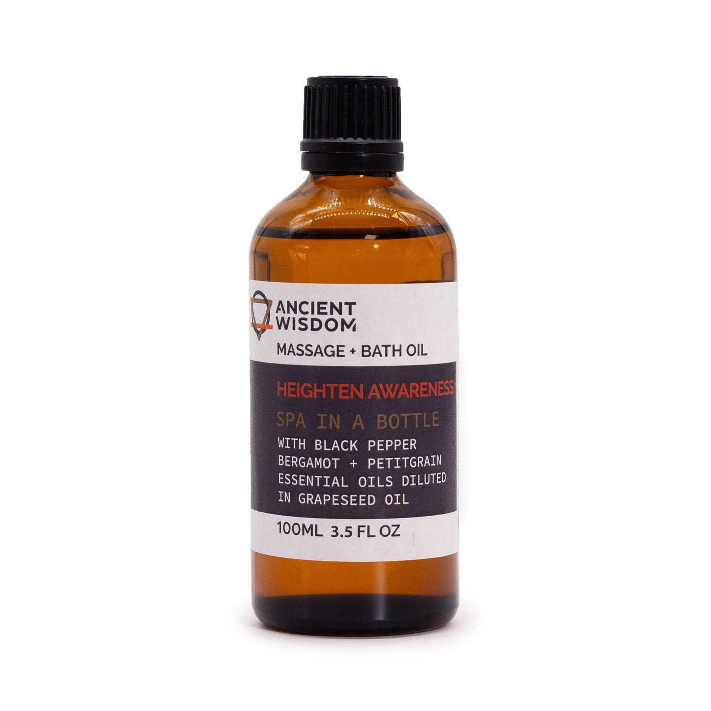 Massageöl Heighten Awareness: Belebende Mischung aus Bergamotte, Schwarzem Pfeffer & Petitgrain – 100 ml