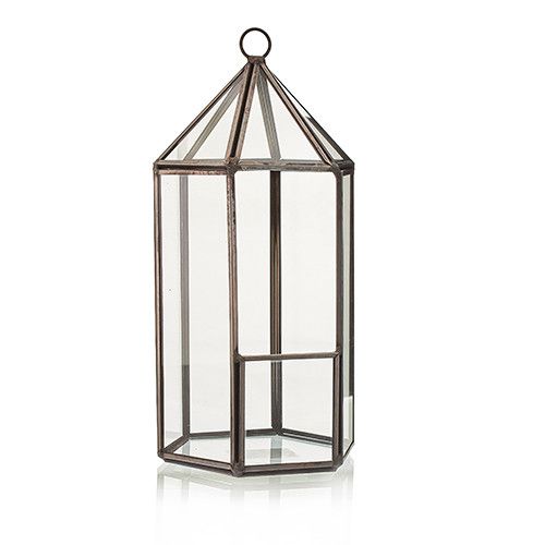 Geometrisches Glas-Terrarium in Laternenform mit Messingrahmen