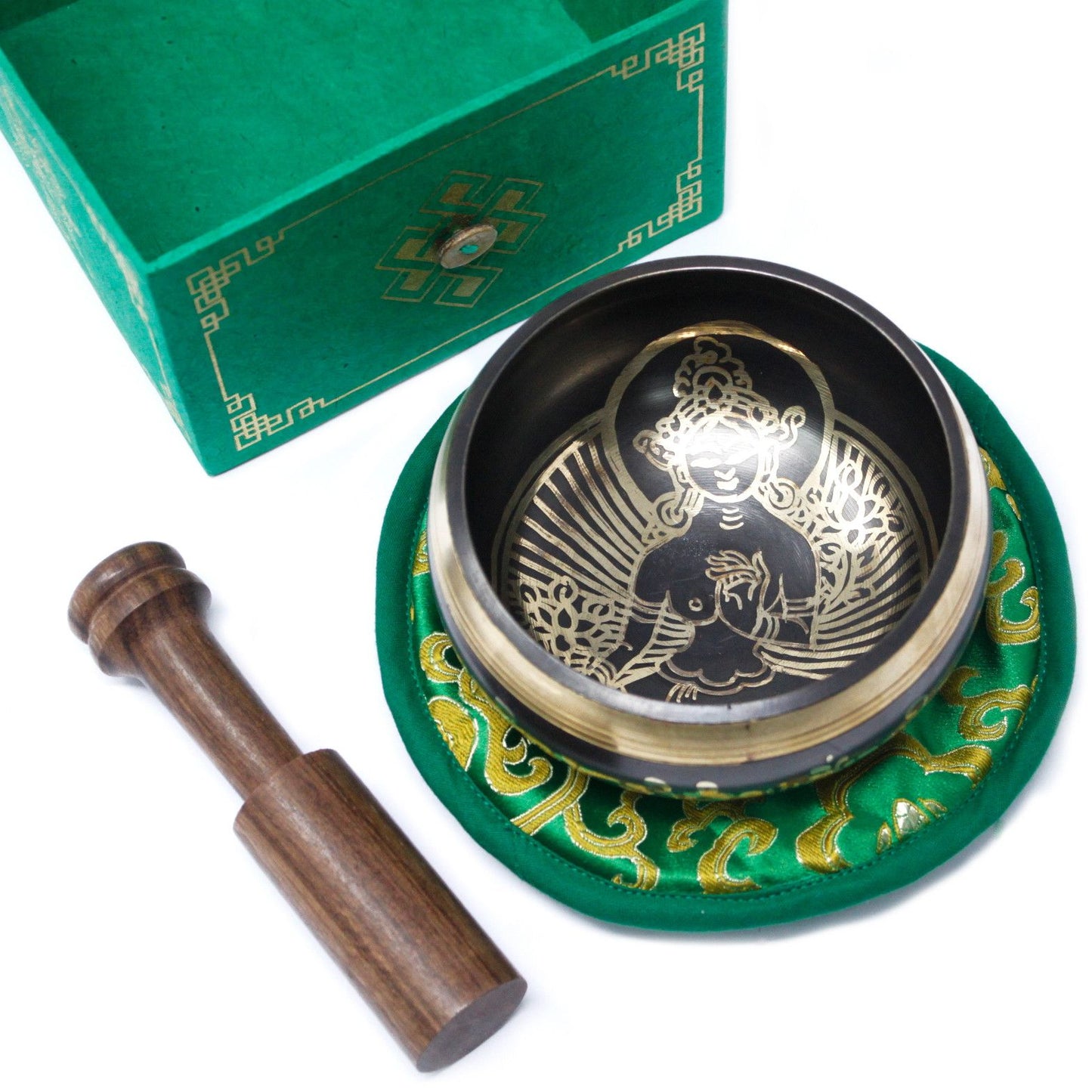 Klangschalen-Set 'Grüne Tara' – Handgraviertes Messing, 10 cm
