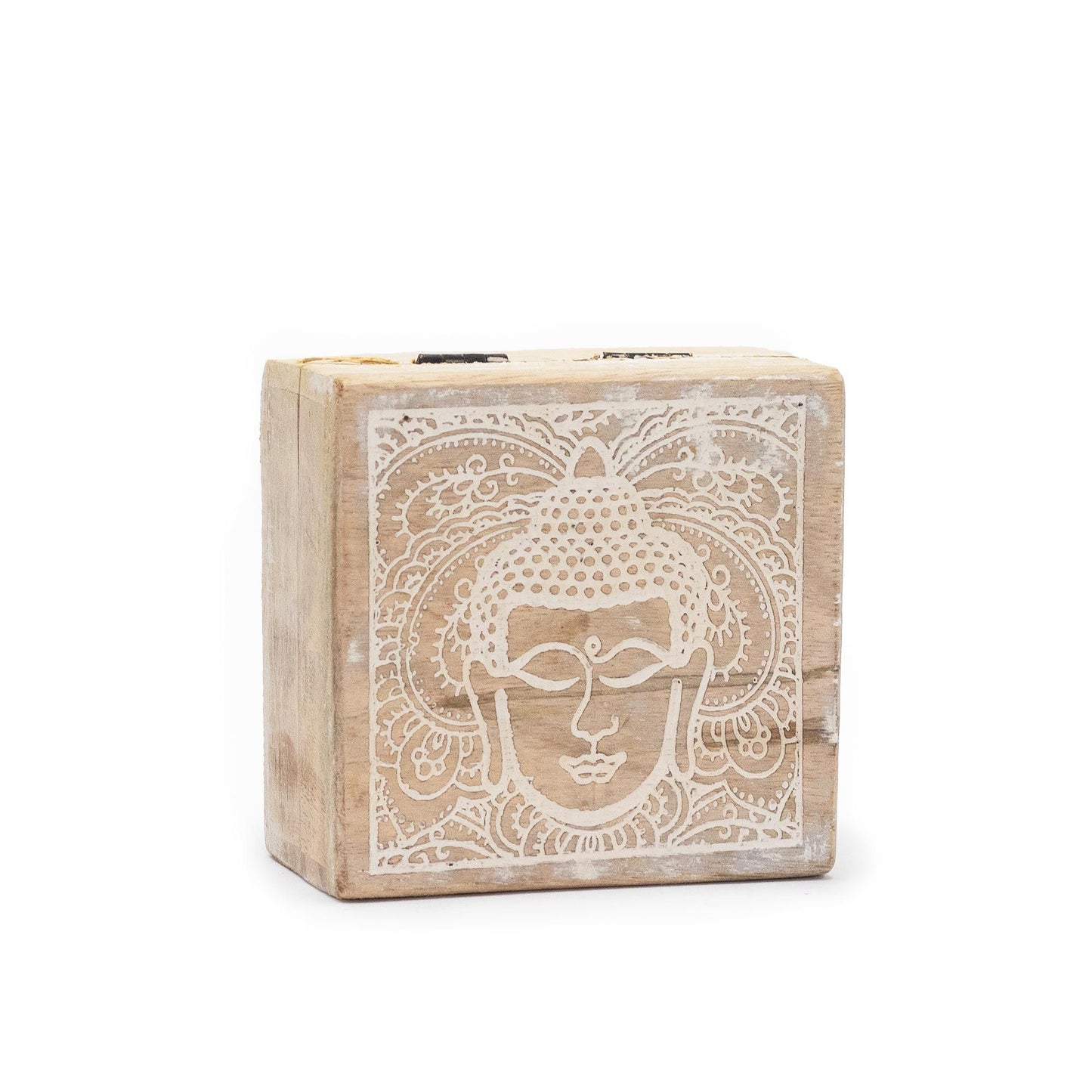 Weiße Buddha-Gesicht Box aus Mangoholz | 10x10x4,2 cm | Handgraviert