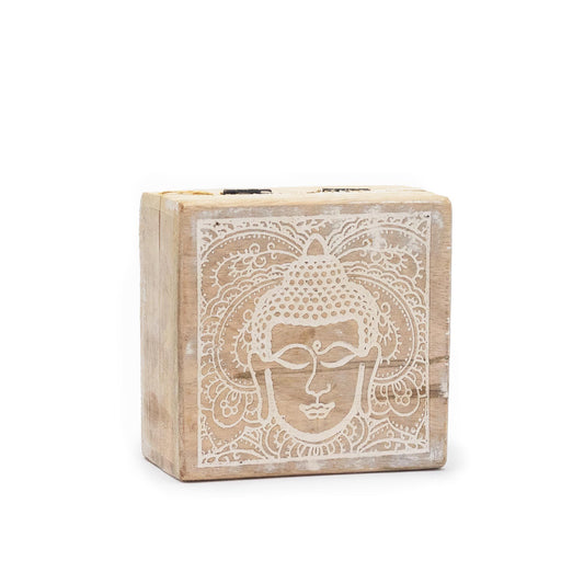 Weiße Buddha-Gesicht Box aus Mangoholz | 10x10x4,2 cm | Handgraviert