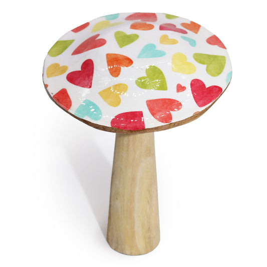 Großer Holzpilz mit Pastellherzen - 20 cm Naturdeko aus Mangoholz