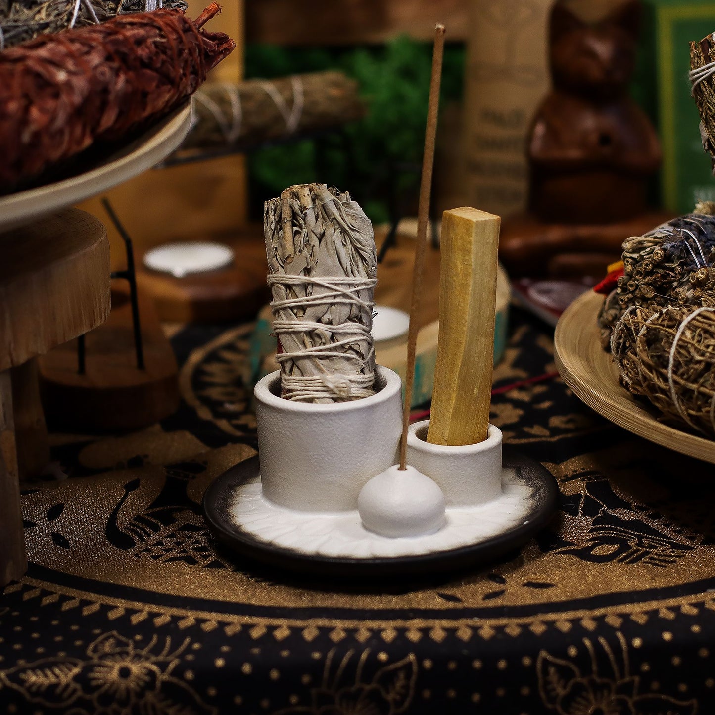 Smudge-Halter Mandala – Weiß & Grau für Palo Santo & Räucherwerk