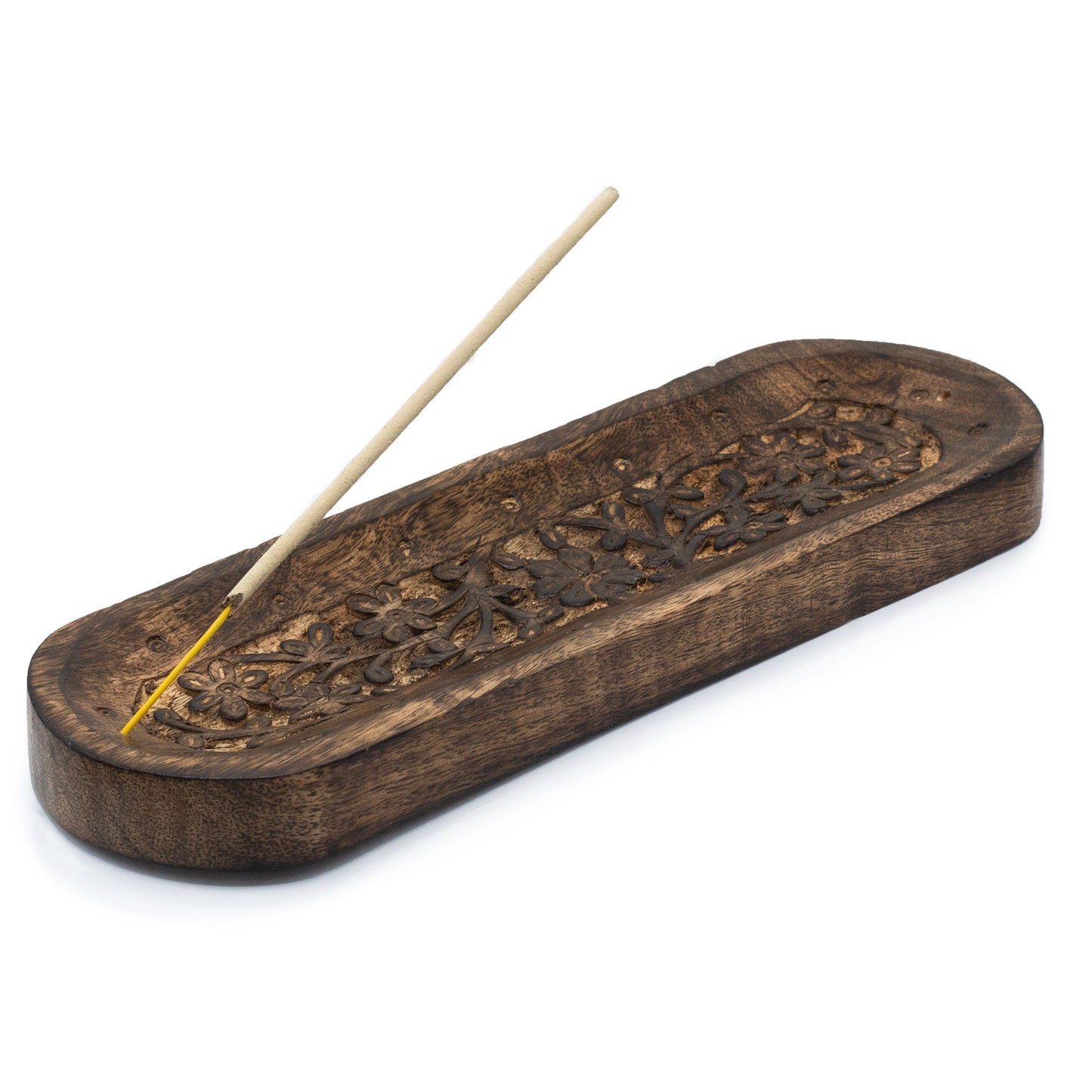 Räucherschale aus Mangoholz mit floralem Muster – 30 x 10 cm