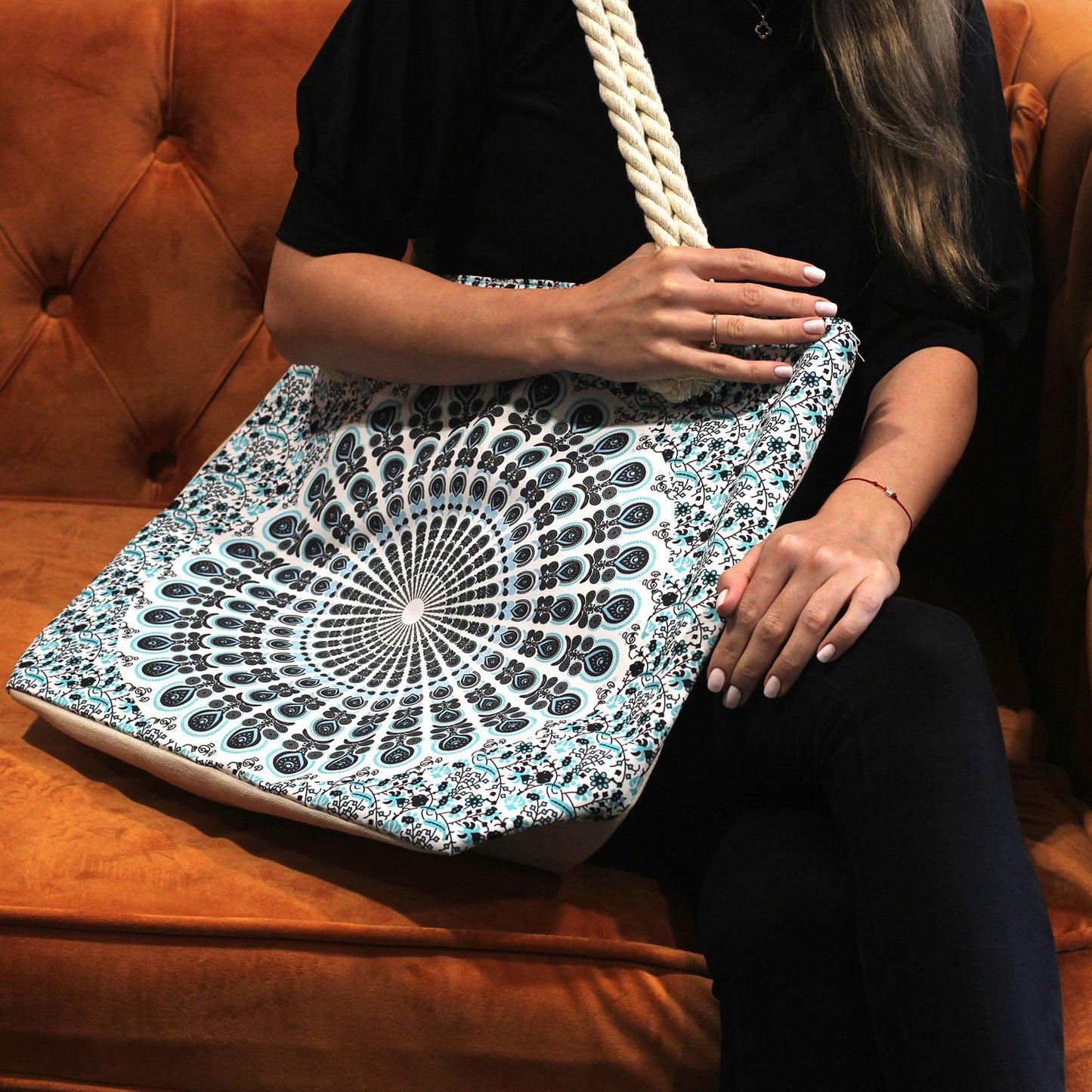 Mandala Tasche Purpur-Blau – Große Strandtasche mit Seilgriffen